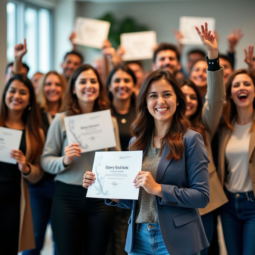 Profesionales celebrando el éxito al final de un curso intensivo.