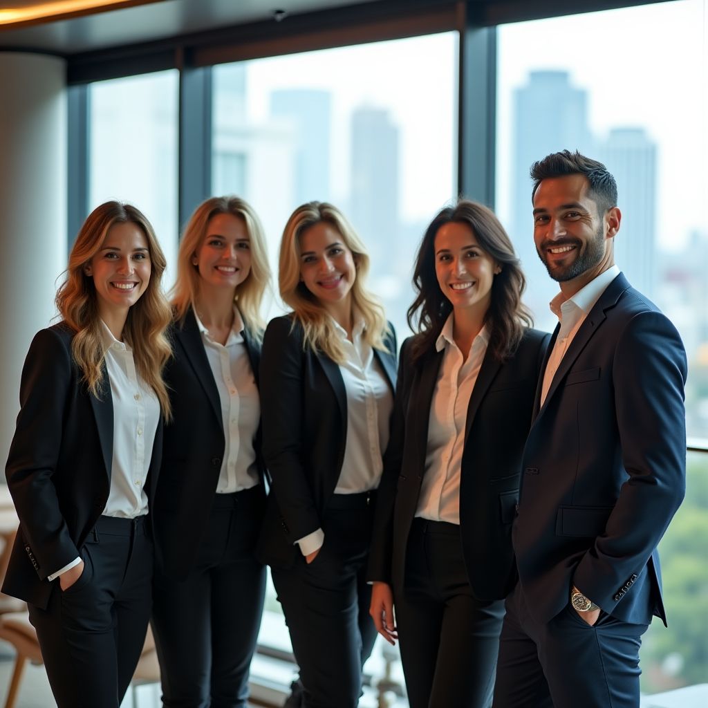El equipo de Lidera-Co posando con confianza en su moderna oficina en Medellín.