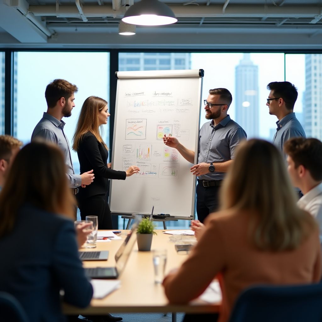 Un grupo diverso de profesionales en una sesión de liderazgo colaborativo.