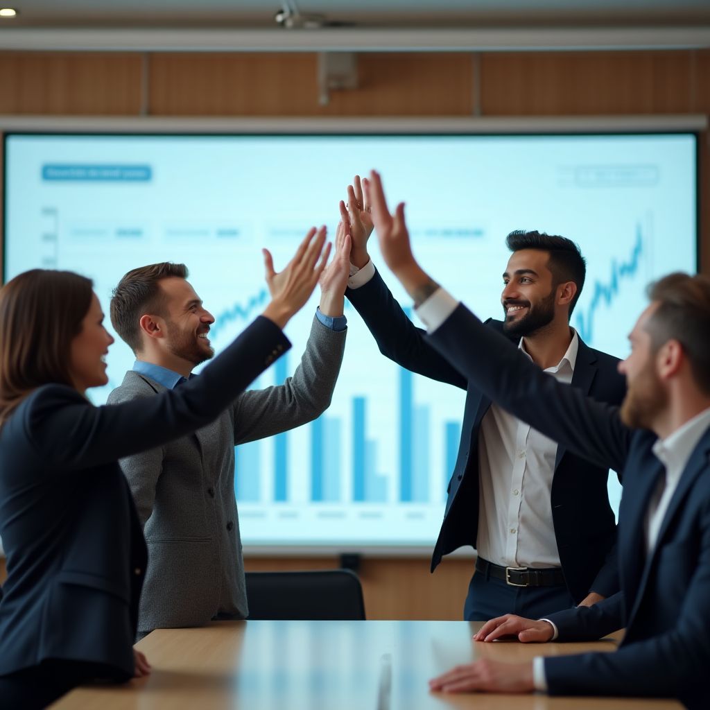 Un equipo de ventas celebrando el cierre de un trato importante.
